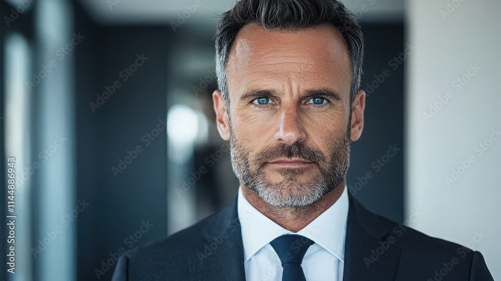 A confident, middle-aged businessman in a suit, posing seriously against a blurred modern backdrop. A confident, middle-aged businessman in a suit, posing seriously against a blurred modern backdrop.