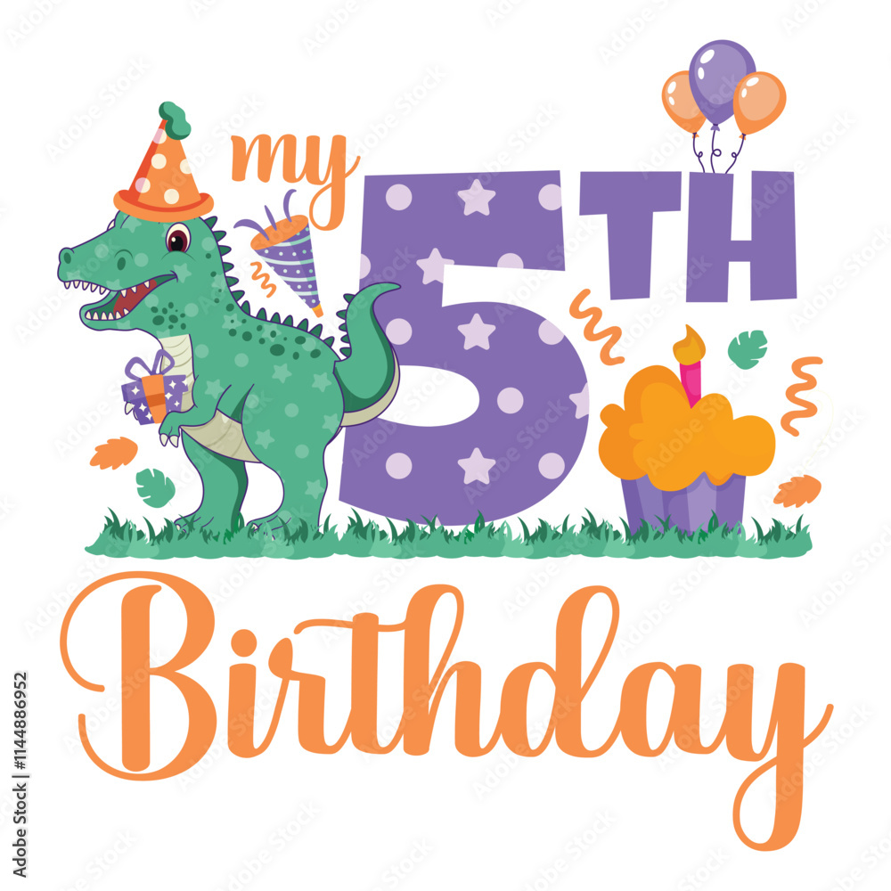 My 5th Birthday, Fifth Birthday, Dinosaur Birthday, birthday boy, invitation, greeting card, Gift Box, Balloon, confetti, Apatosaurus, Decoration, Fifth Year, Baby Milestone, Cupcake, T-shirt design My 5th Birthday, Fifth Birthday, Dinosaur Birthday, birthday boy, invitation, greeting card, Gift Box, Balloon, confetti, Apatosaurus, Decoration, Fifth Year, Baby Milestone, Cupcake, T-shirt design