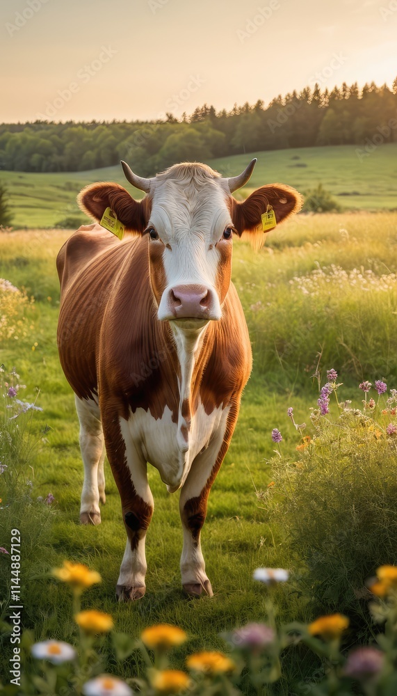 A curious cow standing in a vibrant meadow filled with wildflowers, bathed in the warm golden light of sunset, with rolling green hills in the background A curious cow standing in a vibrant meadow filled with wildflowers, bathed in the warm golden light of sunset, with rolling green hills in the background