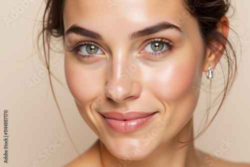 Beautiful young woman with glowing skin and natural makeup, smiling softly against a neutral beige background, representing skincare, beauty, and wellness concepts.