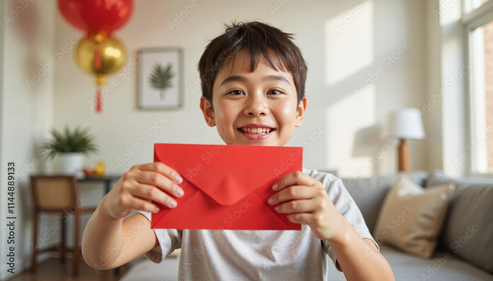 Young Boy Holding Red Envelope in Festive Living Room During Chinese New Year Celebration Young Boy Holding Red Envelope in Festive Living Room During Chinese New Year Celebration