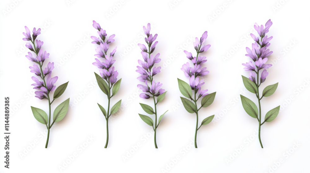 Naklejka premium A minimalist cut-out style graphic of vibrant lavender sprigs, finely detailed petals, soft green stems, sharp separation from a clean white background, emphasized vivid purples and subtle texture, hd