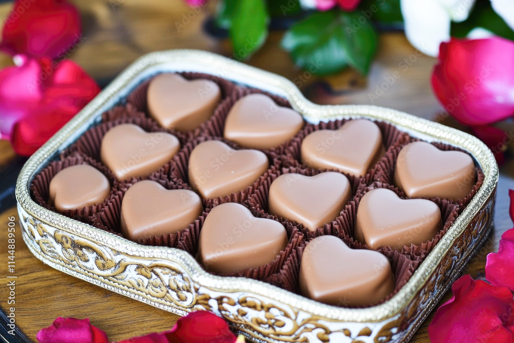 Heart-shaped milk chocolates in ornate box with red rose petals Heart-shaped milk chocolates in ornate box with red rose petals