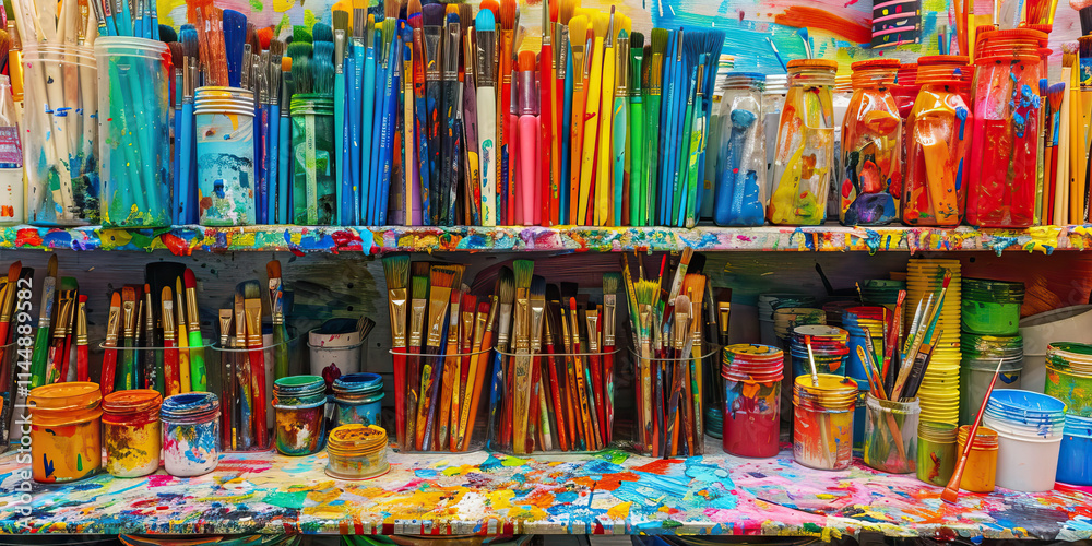 Fototapeta premium Assortment of Paintbrushes and Paint Containers on Shelves