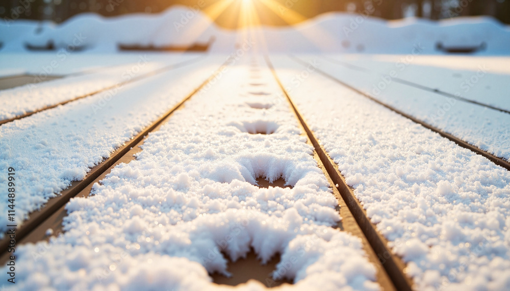 Snow-Covered Wooden Deck with Cat Paw Prints at Sunrise in Winter Forest Snow-Covered Wooden Deck with Cat Paw Prints at Sunrise in Winter Forest