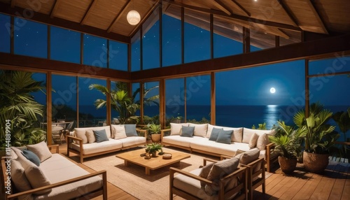 A beautiful wooden house with large glass windows overlooking the ocean at night