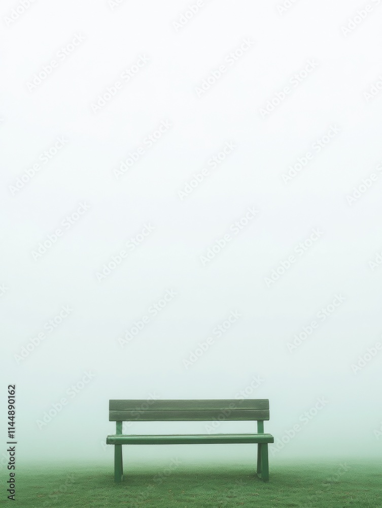Solitude in Fog Minimalist Park Bench Amidst Misty Ambience