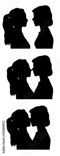 Set of silhouettes of young lesbian couple in three times of love, from intimacy to kiss.
