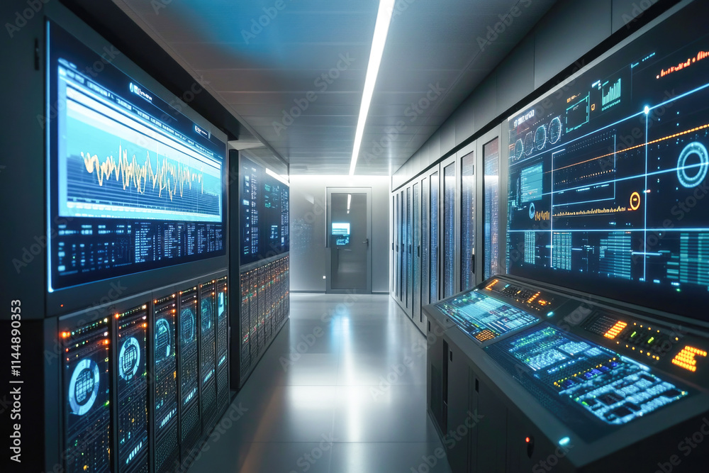 Modern data center with advanced technology and digital interfaces