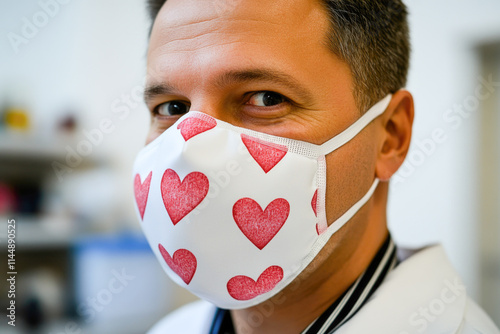 Smiling caucasian male wearing heart-patterned face mask photo