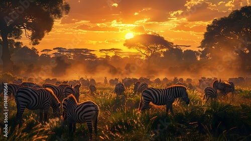 Group of zebras in the wild at sunset, Kruger Park, South Africa