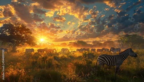 Group of zebras in the wild at sunset, Kruger Park, South Africa