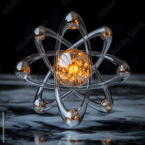 Technetium Atom Model Highlighting Its Internal Structure and Role in Advanced Radiopharmaceutical Research Intricate Subatomic Particles Vibrant Metallic Sheen