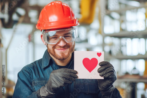 Caucasian male adult worker holding heart card in industrial setting photo