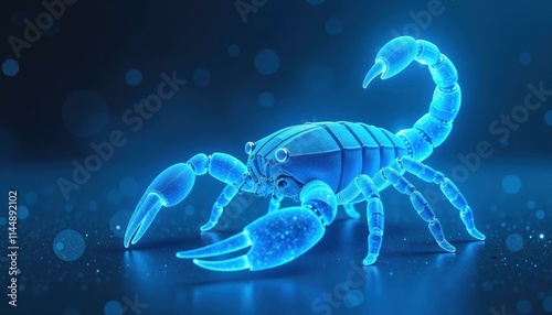 Glowing blue scorpion on dark background with bokeh effect, arthropod, digital art concept. photo