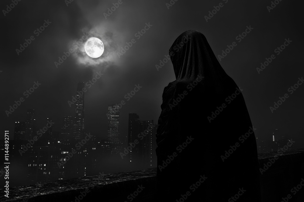 Hooded figure, night cityscape, bright moon, dark mood. Hooded figure, night cityscape, bright moon, dark mood.