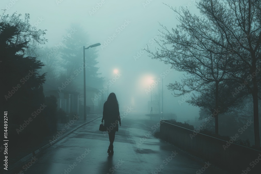 Solitary figure walks foggy street, carrying bag. Solitary figure walks foggy street, carrying bag.