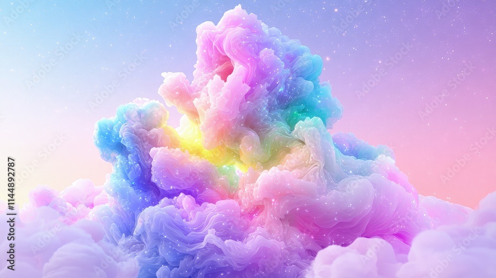 Fototapeta premium Vibrant pastel clouds billowing in a dreamlike sky with a glowing center, rendered in soft shades of pink, blue, and purple.