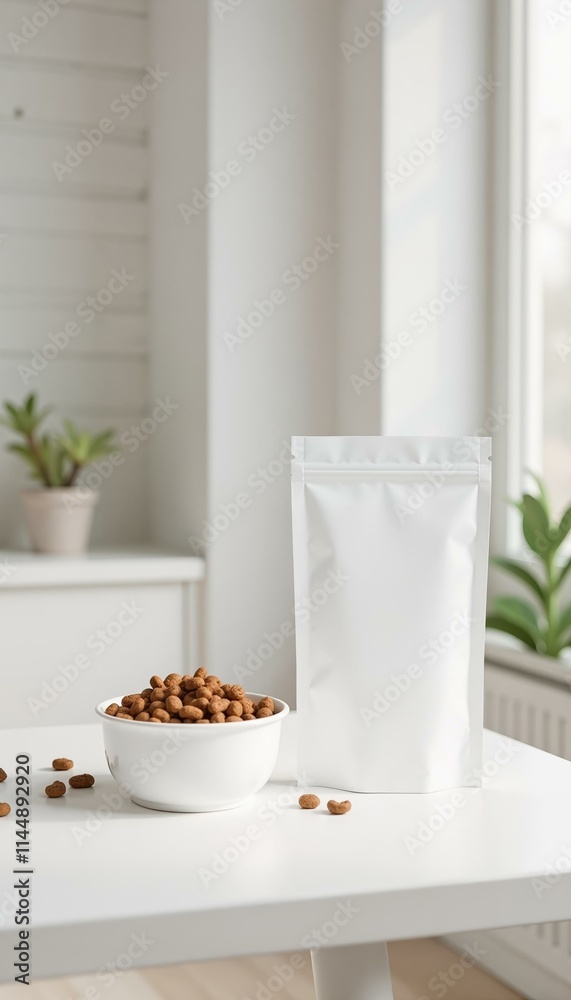 A pouch sits upright next to a bowl filled with brown snack pieces against a bright white, clean background. Still life shot with minimal aesthetic. A pouch sits upright next to a bowl filled with brown snack pieces against a bright white, clean background. Still life shot with minimal aesthetic.