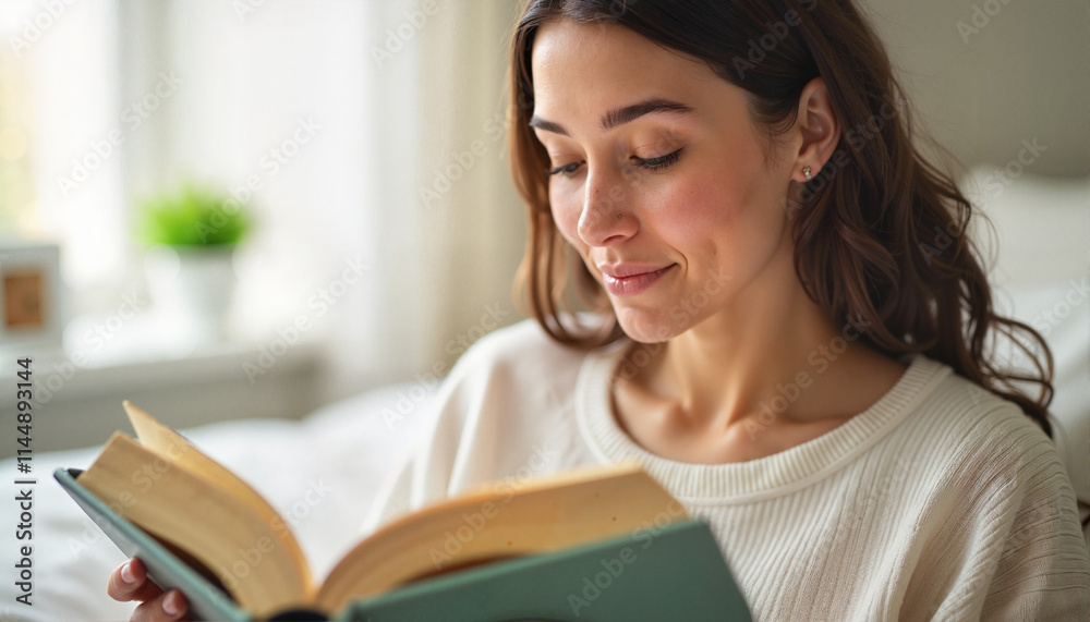 Woman reading a book by the window in natural light
Woman reading a book by the window in natural light