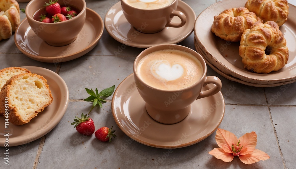 A cozy breakfast table is set with mocha mousse dishes, a cappuccino crowned with foam, fresh strawberries, and flaky pastries, creating a warm morning atmosphere A cozy breakfast table is set with mocha mousse dishes, a cappuccino crowned with foam, fresh strawberries, and flaky pastries, creating a warm morning atmosphere
