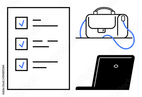 Document with checkboxes, leather briefcase with shoulder strap, and open laptop. Ideal for productivity, business planning, organization, office routines, task management, corporate training