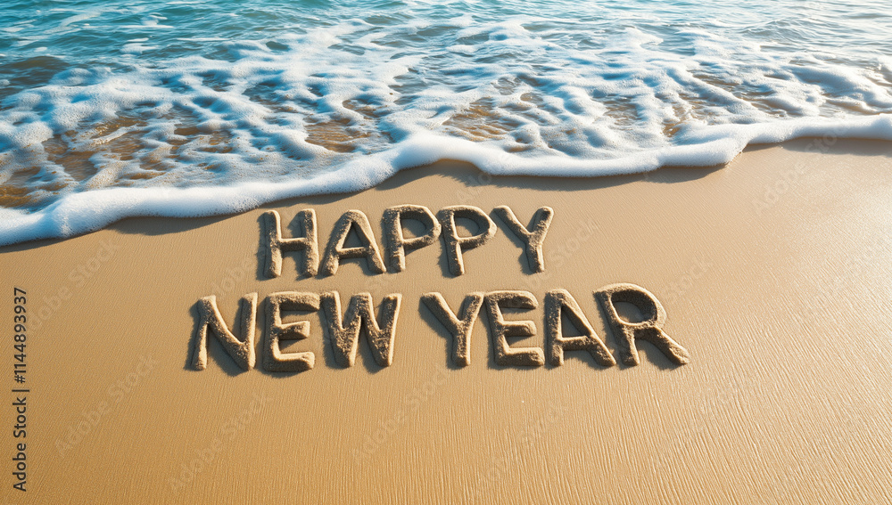 Fototapeta premium 2024 New Year Goals Planning – Numbers on Brown Sand with Blue Ocean Waves, Investment Concept and Copy Space for Design