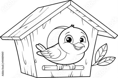 Adorable Cartoon Bird in Wooden Birdhouse Coloring Page Illustration