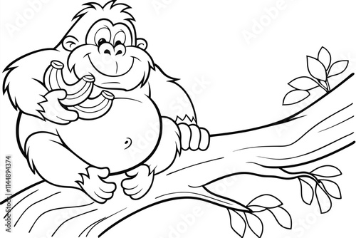 Happy Gorilla Eating Bananas on Tree Branch Coloring Page