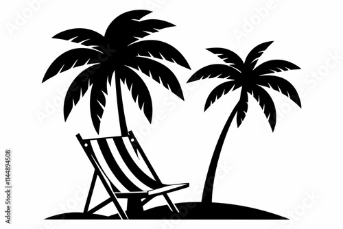 beach chair and palm tree line art silhouette vector illustration