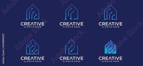 House logo design in line dot art style, building technology logo, modern buiding logo.