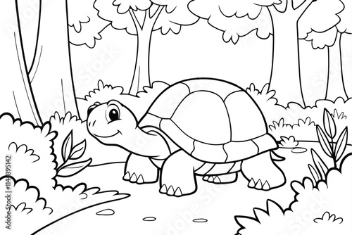 Forest Tortoise Coloring Page Woodland Creature, Nature Illustration