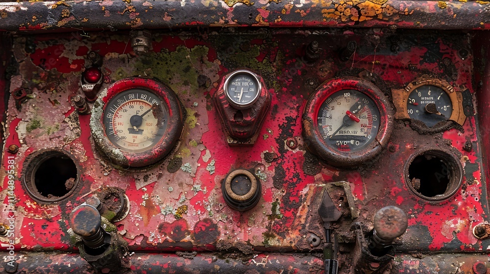 Old car dashboard and steering wheel of an old truck, close up Old car dashboard and steering wheel of an old truck, close up