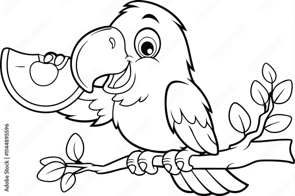 Cute Cartoon Toucan Bird Eating Watermelon on Branch Cute Cartoon Toucan Bird Eating Watermelon on Branch