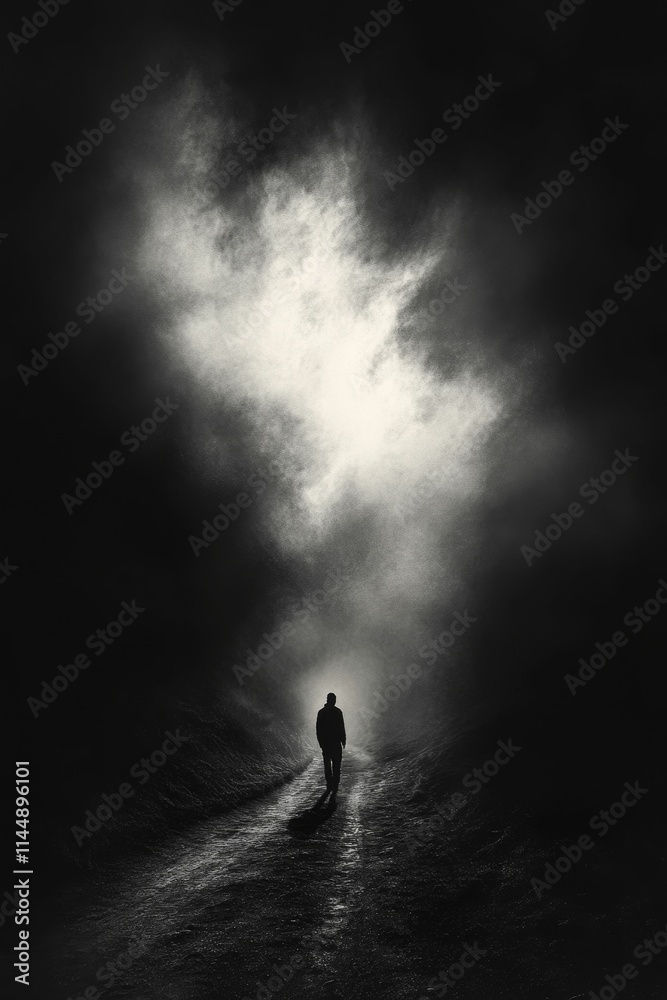 Fototapeta premium Solitary figure walks path, bright mist ahead.