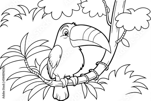 Coloring Page Toucan Perched on Tropical Branch in Jungle