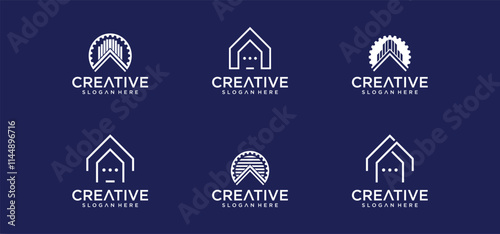 House logo design in line dot art style, building technology logo, modern buiding logo.