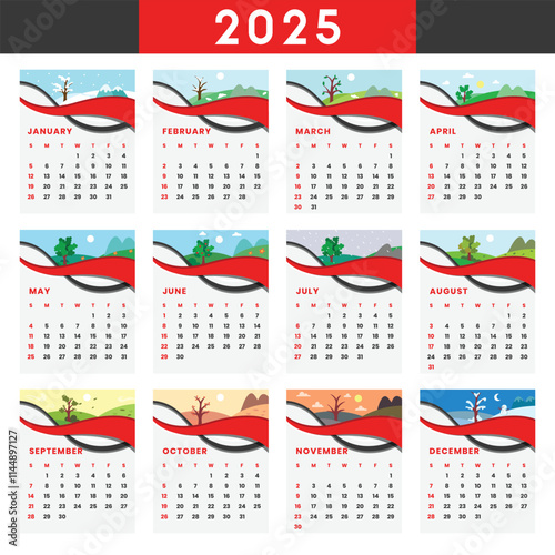 2025 Calendar. Monthly calendar template for 2025 year. Seasonal Theme Calendar. Week Starts Sunday. Yearly Calendar Template, Minimalist 2025 Planner, 2025 Printable Layout vector illustration