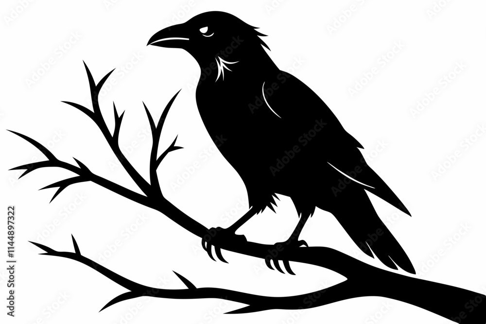 Fototapeta premium crow setting on a branch line art silhouette vector illustration