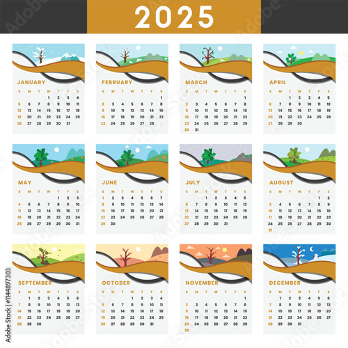 2025 Calendar. Monthly calendar template for 2025 year. Seasonal Theme Calendar. Week Starts Sunday. Yearly Calendar Template, Minimalist 2025 Planner, 2025 Printable Layout vector illustration