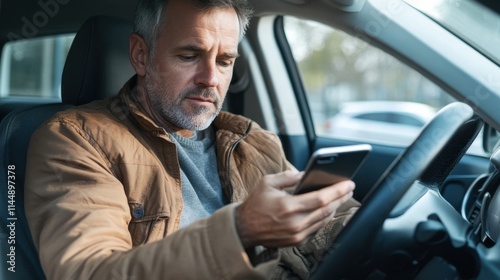 Man using his smartphone while driving a car, highlighting the social issue of distraction while driving.