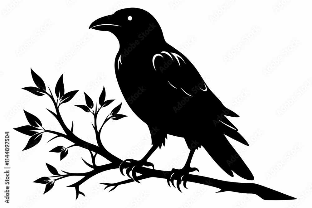 Obraz premium crow setting on a branch line art silhouette vector illustration