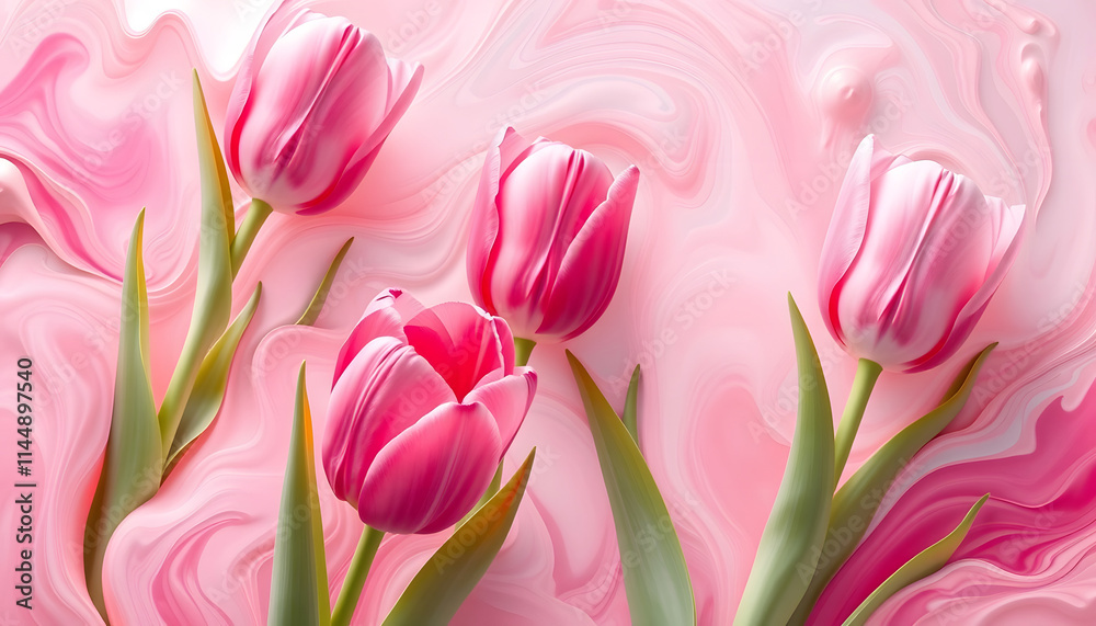 Abstract spring tulips. Luxurious fluid fluid art flowers. AI, mindfulness theme, with white tones Abstract spring tulips. Luxurious fluid fluid art flowers. AI, mindfulness theme, with white tones