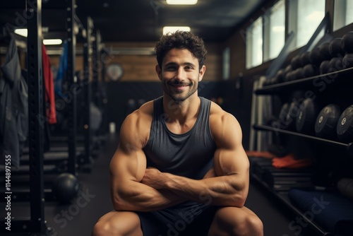 Muscular bodybuilder smiling and sitting in a crossfit box with his arms crossed