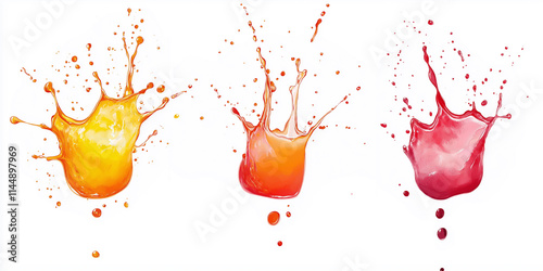 collection of fruit juice colorful splashes isolated on white background