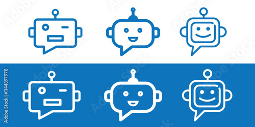 Chatbot icon vector set, Ai bot, Bot sign design, Chat bot logo, Robot head, chatbot, messaging, app, conversation, Chat Assistant, Virtual Helper, Messaging Bot, Automated Chat, Bot Companion