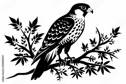 falcon on the tree branch line art silhouette vector illustration