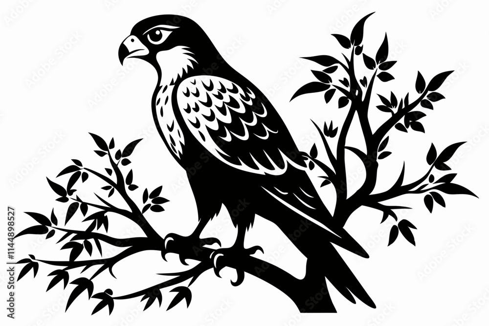Fototapeta premium falcon on the tree branch line art silhouette vector illustration