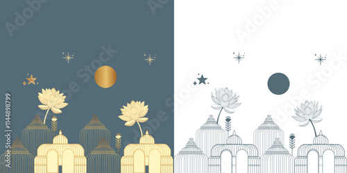 Golden Flower, House Parttern, Floral Illustration, . Luxury flower wallpaper design with House, 