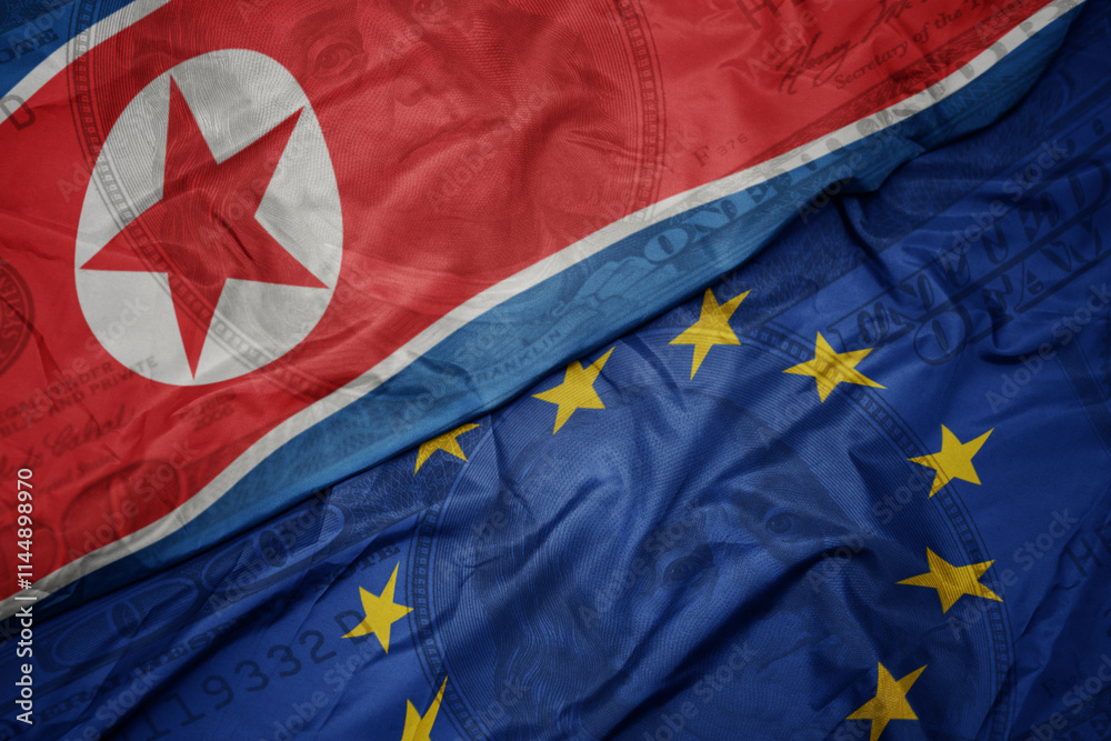 Φωτογραφία waving colorful flag of north korea and national flag of european union on the dollar money background